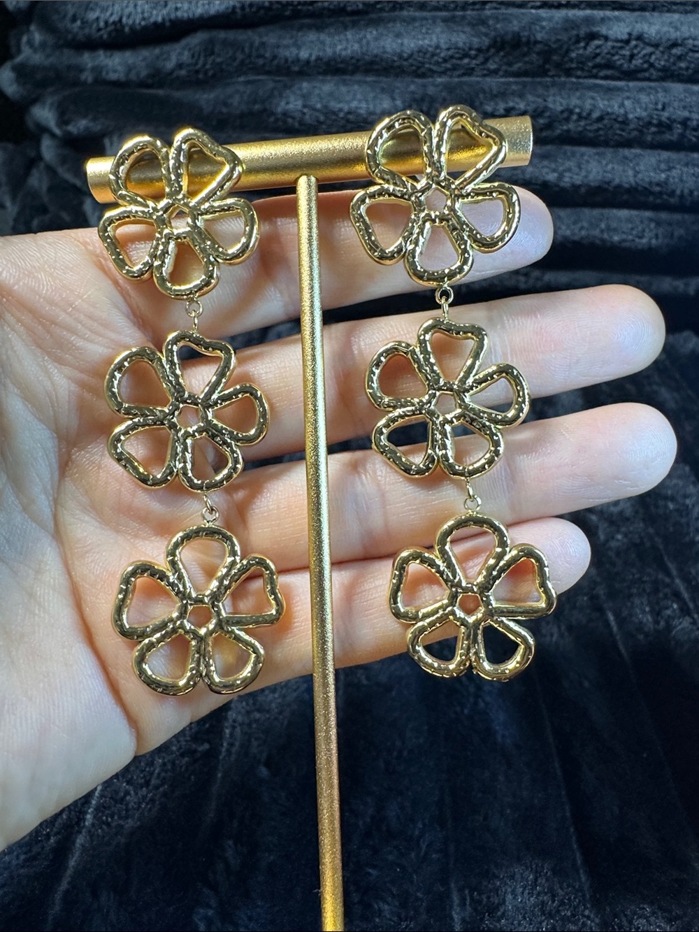 Kenneth Jay Lane Gold Floral Triple-Drop Earrings - Picture 3 of 15